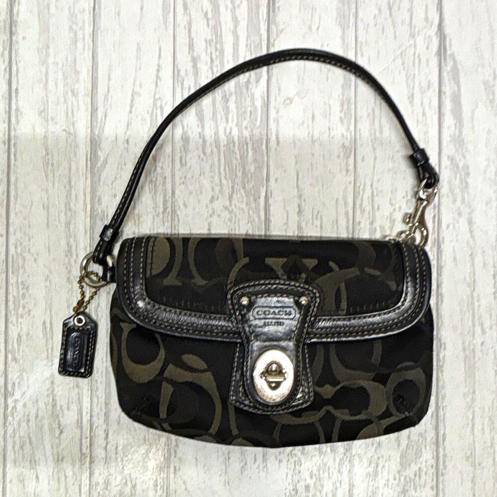 Coach Signature Logo Canvas/Leather Wristlet Black/Gray Turnlock Inner Pockets
